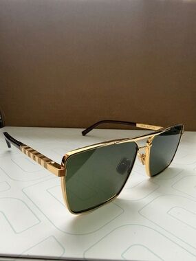Louis Vuitton Gold Metal Sunglasses with Green Lenses and Checkered Temples